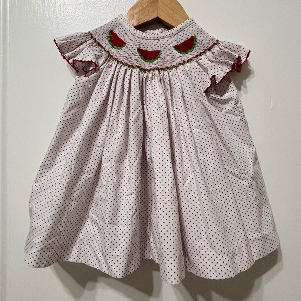 White and Red Smocked Ruffled Dress with Flutter Cap Sleeves